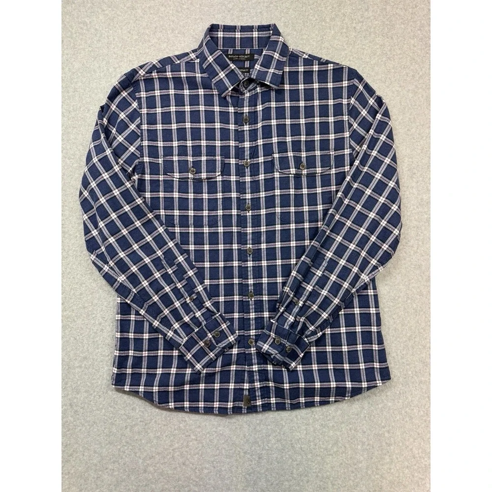 Banana Republic Shirt Mens Medium‎ Blue Plaid Luxe Flannel Preppy Casual Outdoor
